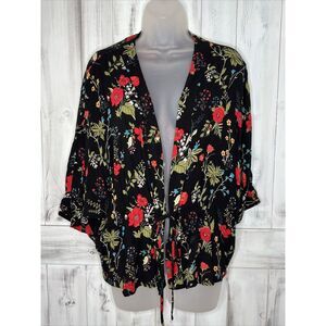 EXPRESS BLACK FLORAL CRINKLE GAUZE CINCH DRAWSTRING OPEN FRONT KIMONO TOP M
